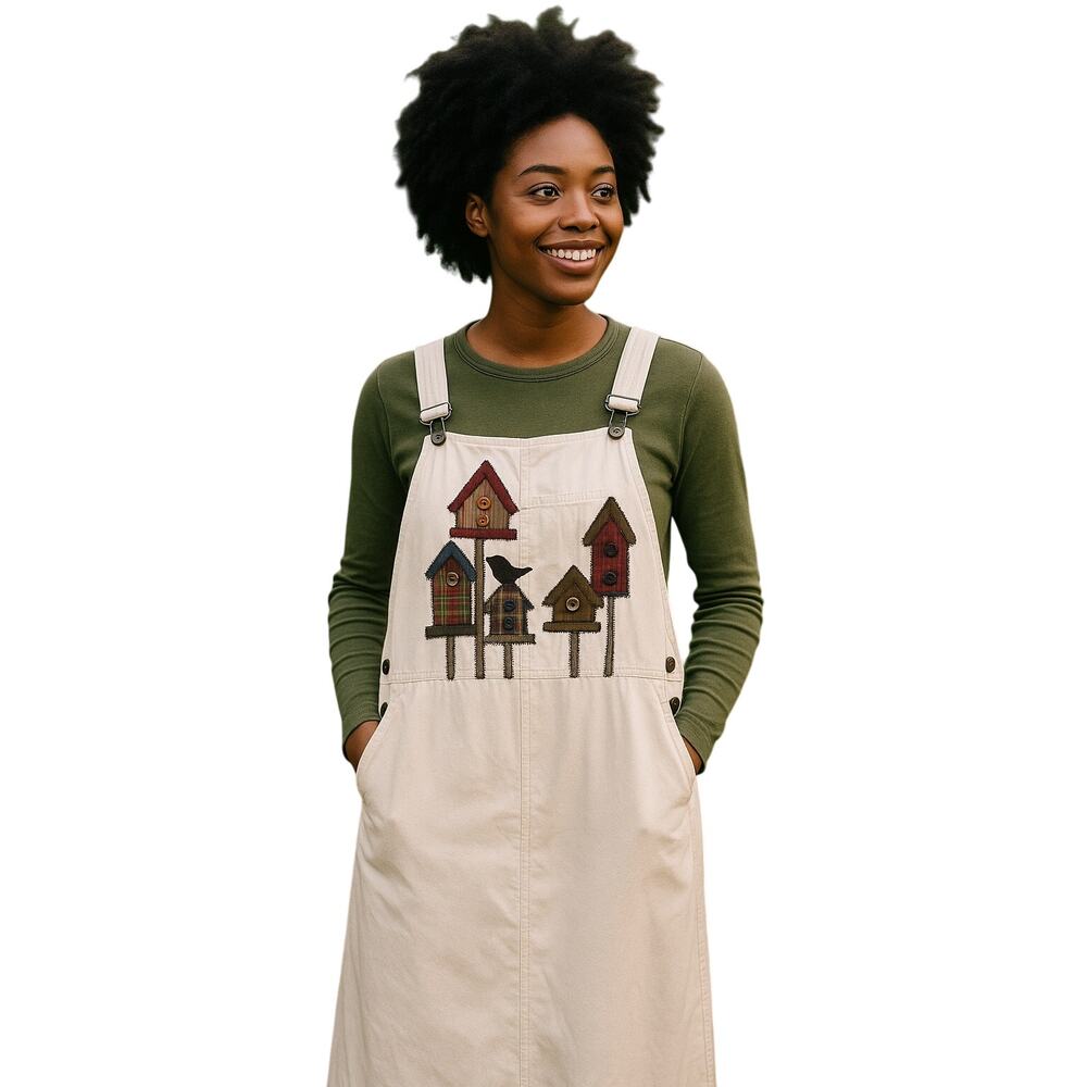 Vintage Haiks Birdhouse Embroidered Overall Jumper Dress 16W Cottagecore garden
